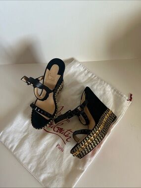 Christian Louboutin Black Wedge Sandals with Braided Gold Platform